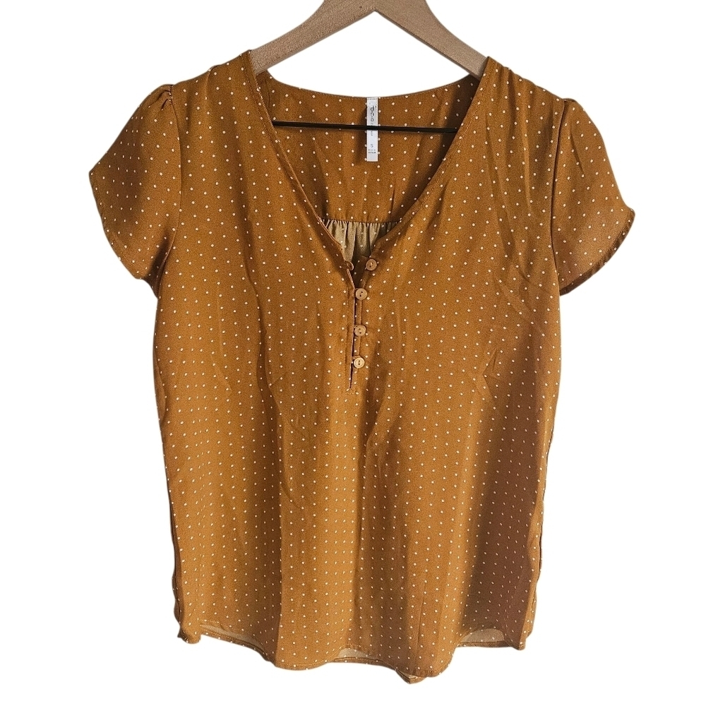 Dna Couture Mustard Yellow Polka Dot Short Sleeve V Neck Blouse